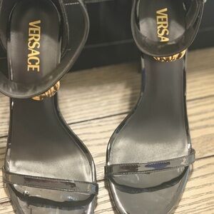 Versace Black Patent Leather Ankle-Strap Heels with Gold Medusa Accent